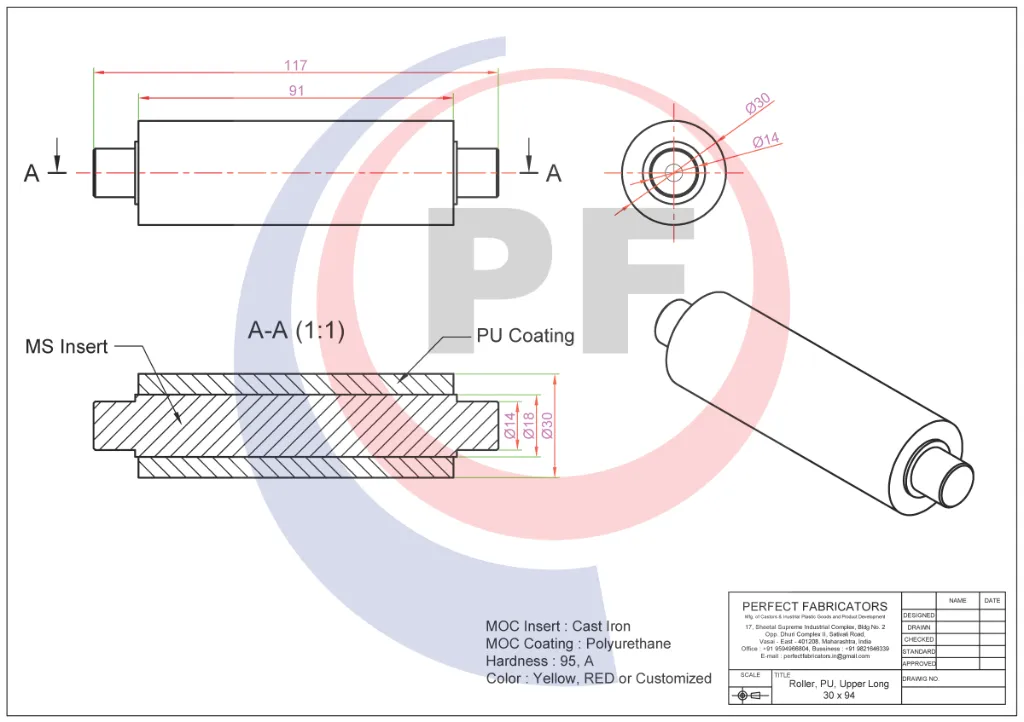 Roller, PU, Upper Long 30 X 94 Technical Details Drawing.webp